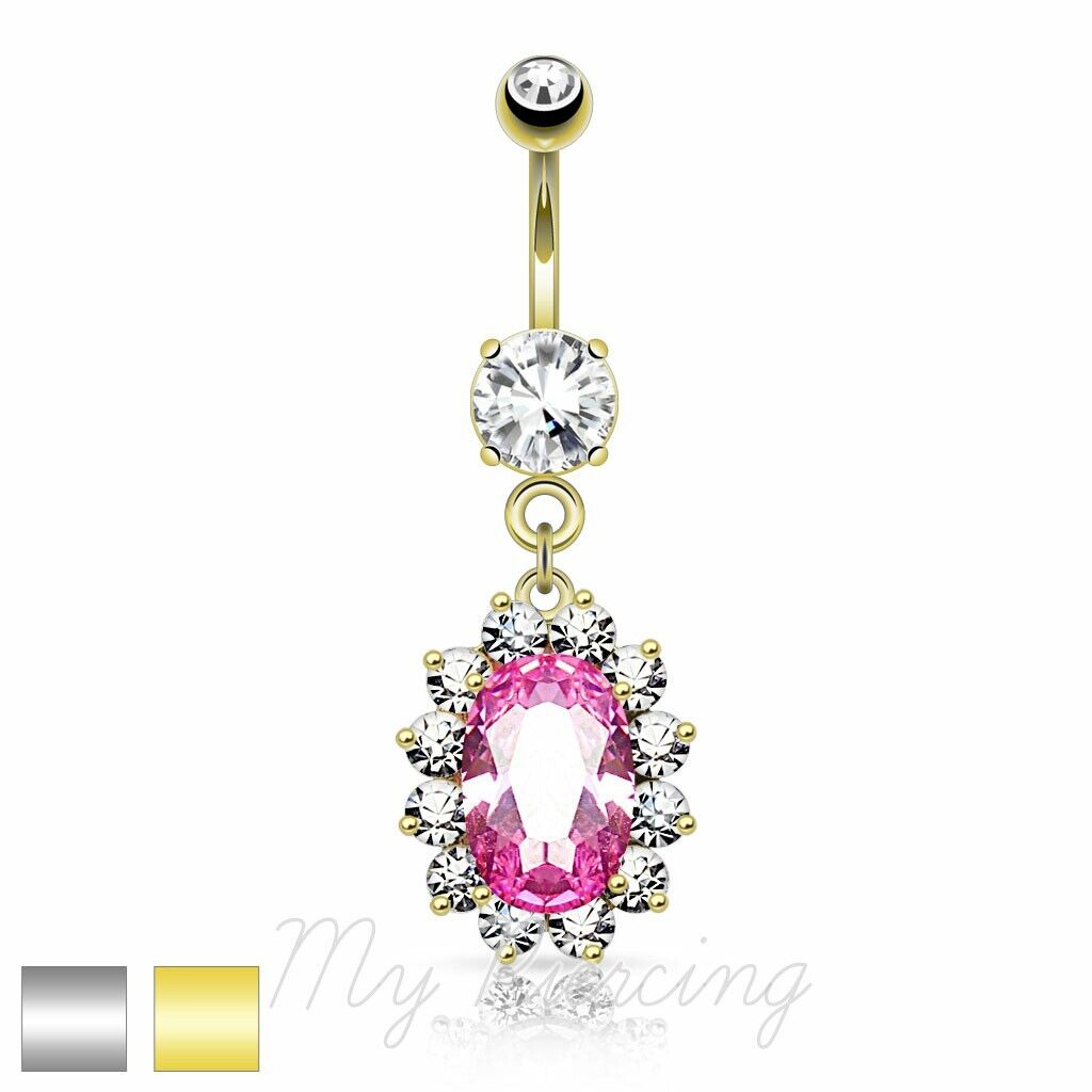 316L Surgical Steel 4 Gem Rimmed Dangle Belly Ring 316L Surgical Steel 4 Gem Rimmed Dangle Belly Ring