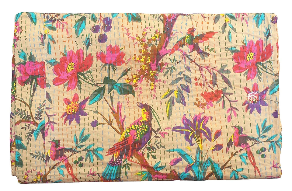 Multicoloured Bed Runner Kantha Quilt Floral Ralli Gudri Double Bedspreads Throw - Image 4 of 4