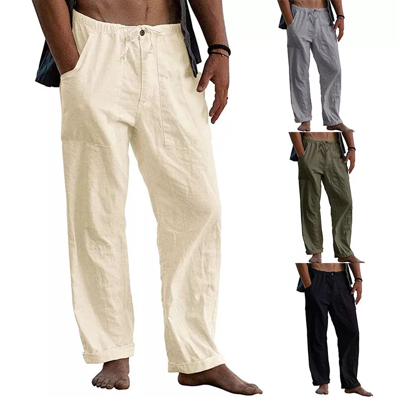 Men's Beach Loose Cotton Linen Pants Yoga Drawstring Elasticated Trousers  Summer