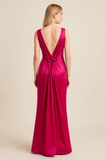 Jessica McClintock Satin Gown Deep V Neck Sleeveless Pleated Rosette Waist Sz 8