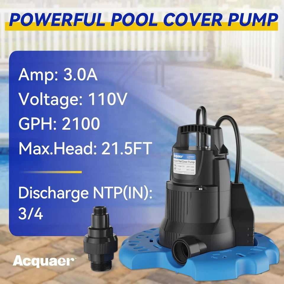 ACQUAER - 2100 GPH Above Ground Pool Cover Pump/Submersible Sump Pump - Image 2 of 4