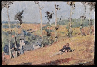 19th CENTURY ENGLISH IMPRESSIONIST FIGURE IN LANDSCAPE ANTIQUE OIL PAINTING