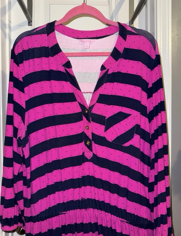Vestido Camisa Lilly Pulitzer Beckett Rosa Listra Azul Marinho Feminino Tamanho XL - Imagem 2 de 4
