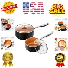 Nonstick 1Qt & 2Qt Copper Sauce Pan Set with Lid, Small Pot with Lid, Ceramic...