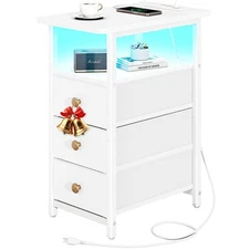 End Table with Charging Station, LED Narrow Side Table Bedside Table, Small N...