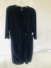 Soho Apparel Ltd. Ladies Dress Faux Wrap Navy Gold Bar Accent Size XL NWT