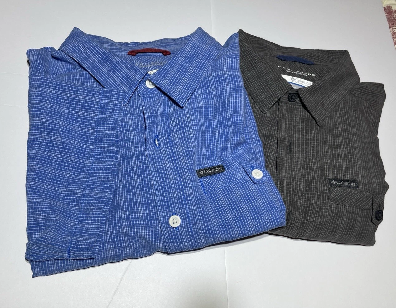 2 Columbia Mens Shirts 1 Blue 1 Gray Plaid OmniShade UV Protection Short Sleeve