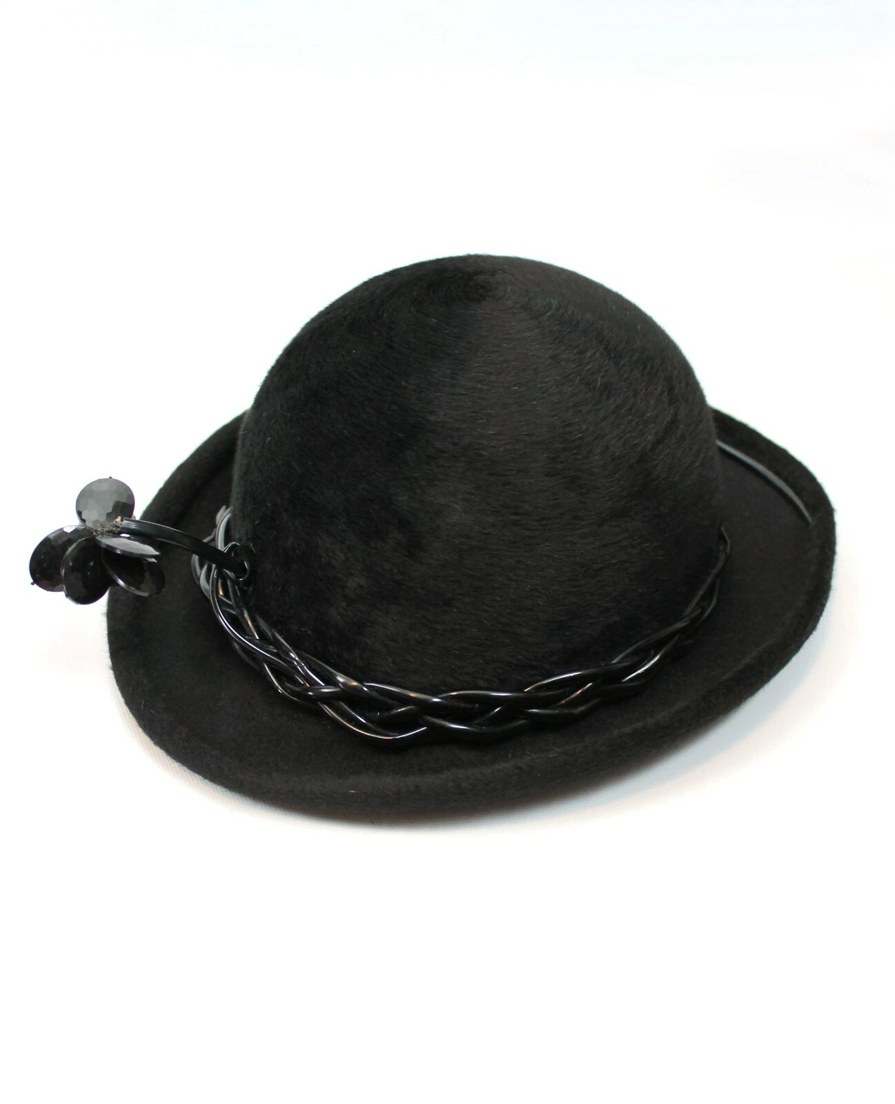 Chapeau Christian Dior taille S vintage années 70 fourrure noire vinyle fleur Trevi Italie