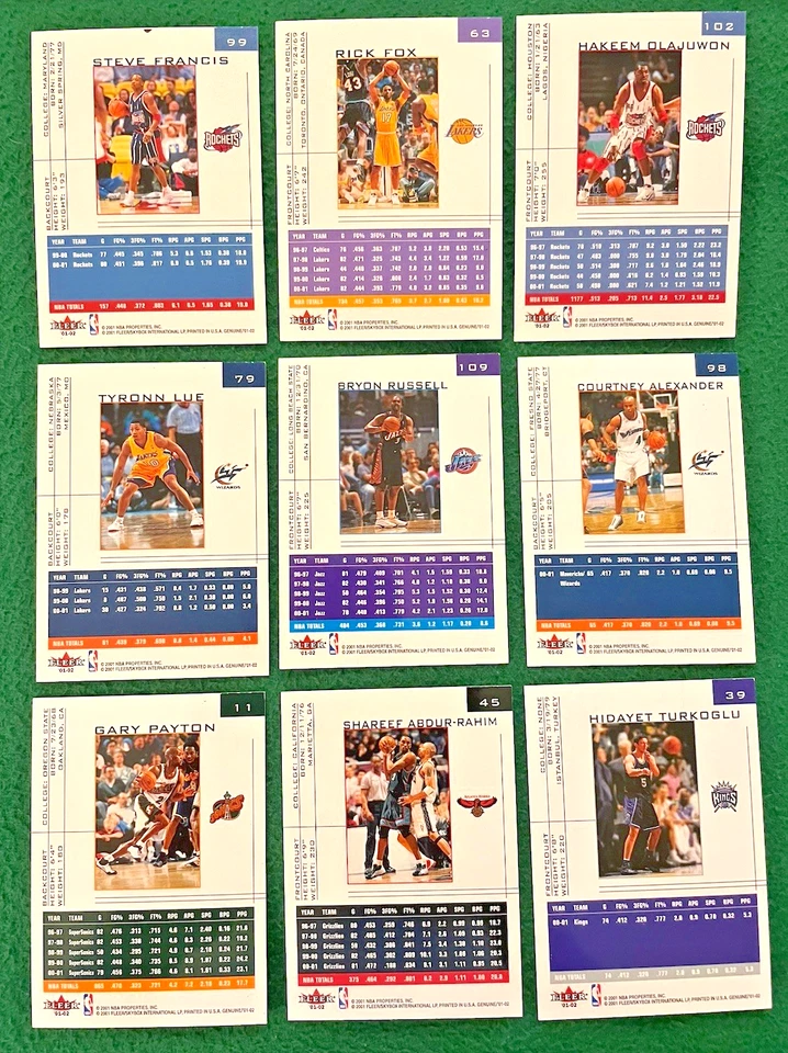 Lote de tarjetas de baloncesto Fleer genuinas 2001-02 (9) miembros del Salón de la Fama raras Foto 2 de 2