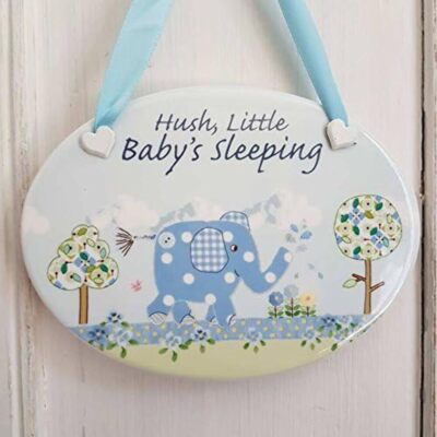 Blau Baby Junge ''Hush Little Baby's Sleeping'' Keramik hängende Kinderzimmer Plakette