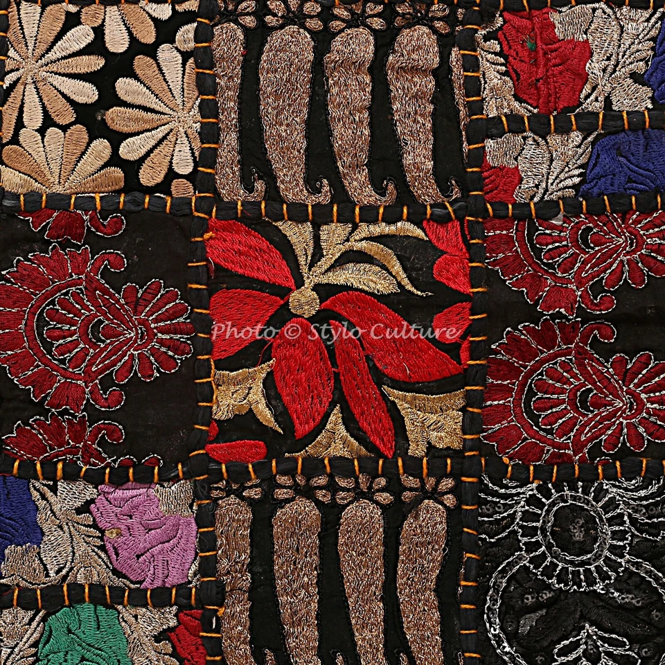 Boho Hippie Yoga Pillow Case Cushion Cover Black Patchwork Embroidered - Image 4 of 4
