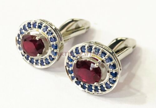 Heated Ruby & Heated Sapphire Gemstone With 925 Sterling Silver Cufflink #2532 - Picture 2 of 4