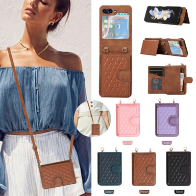 For Samsung Galaxy Z Flip 7 6 5 4 3 Magnetic Leather Card Wallet Case W/ Lanyard