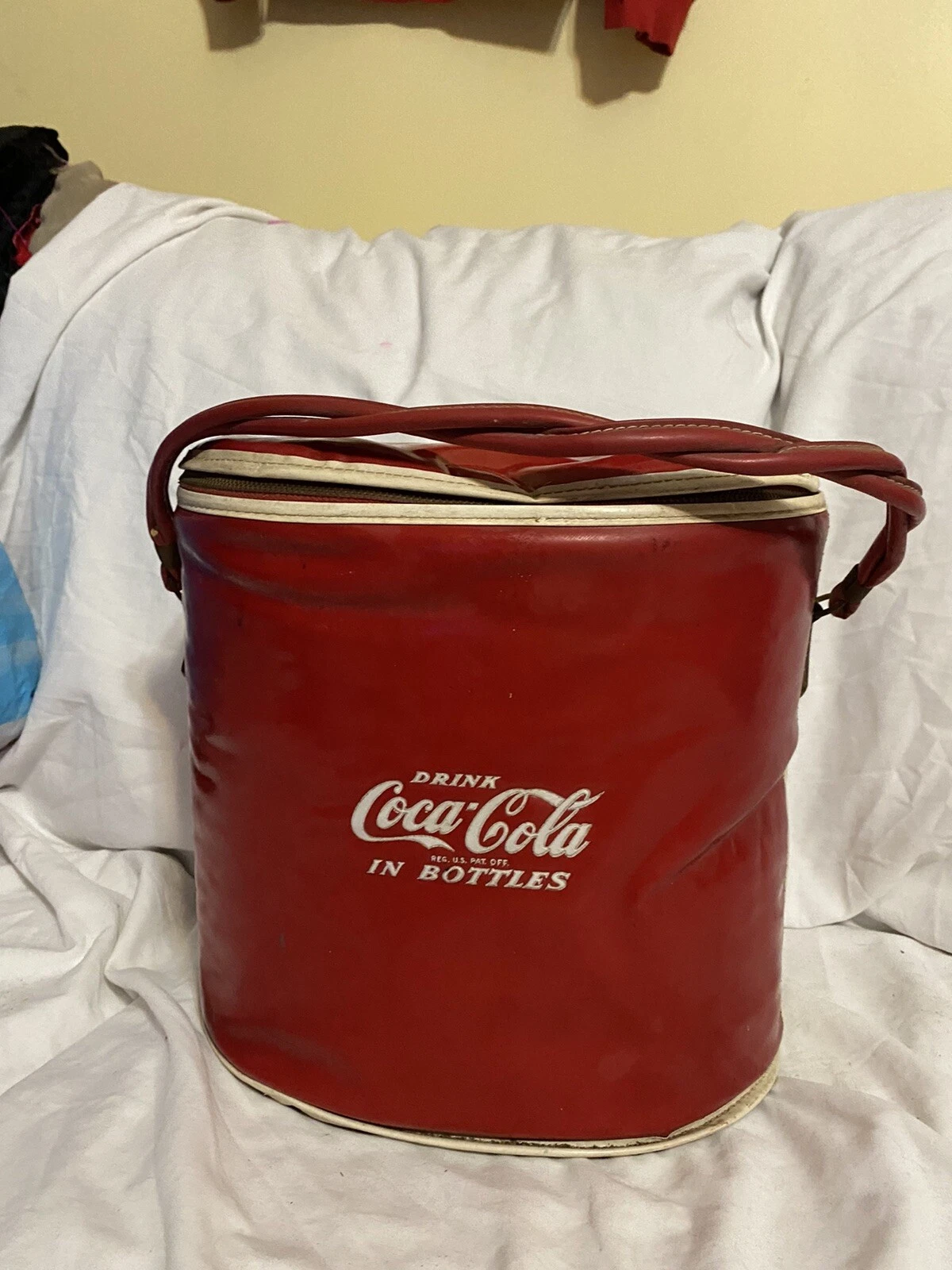 Vtg "Drink Coca Cola in Bottles" Vinyl Cooler Carrier Insulated 1960's Sturdy