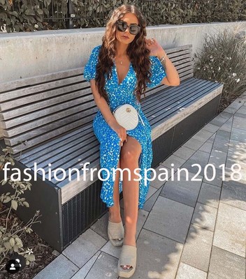 zara long printed dress blue