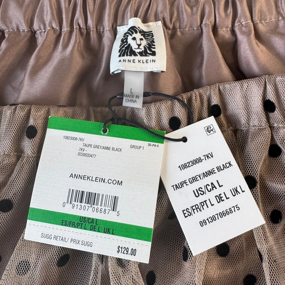 Falda midi Anne Klein de malla a lunares gris topo/negro femenina preppy L Foto 2 de 4