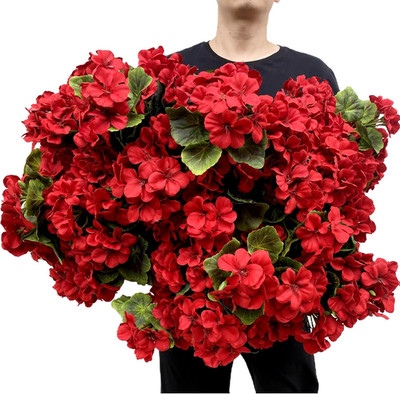 12 Pack Red Artificial Geraniums - Silk Flower Bundles for Home & Garden Decor