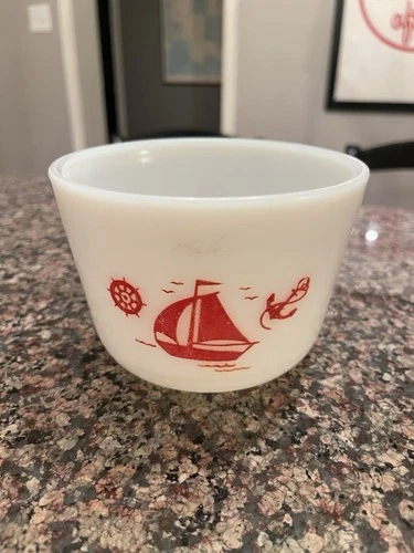 McKee Vintage Milk Glass Bowl With Red Sail Boat No Lid