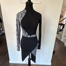 Women  s Black Snake Print Long Sleeve Latin Dance Dress w/ Fringe