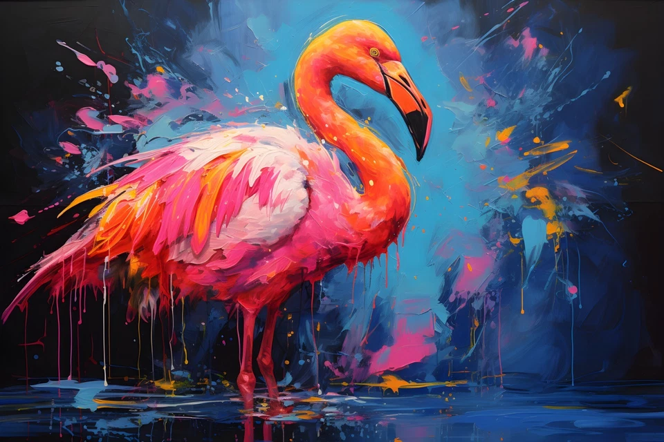 Impresión de pintura al óleo de flamenco enmarcado lienzo arte de pared decoración pájaros coloridos rosa Foto 3 de 4