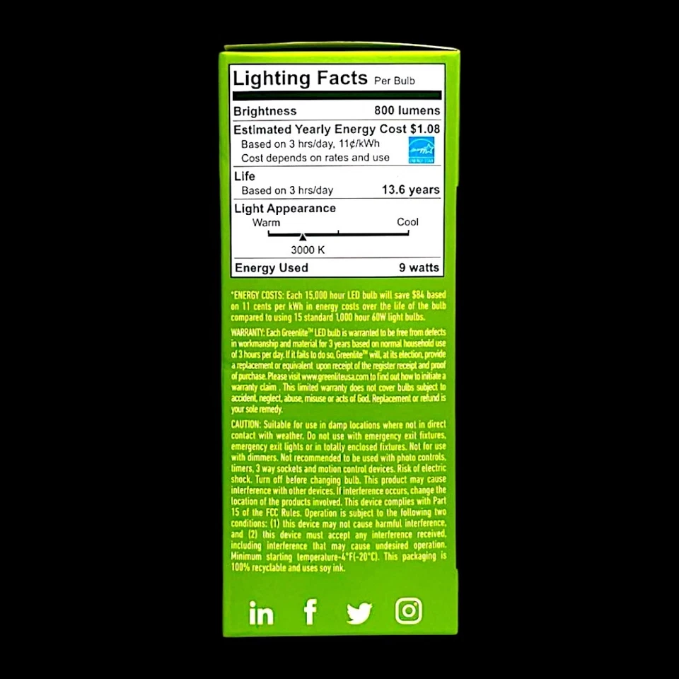 Greenlite 4pack 9W A19 60W Equivalent LED Bright White Bulb 800 Lumen 15,000 Hrs - Image 3 of 4