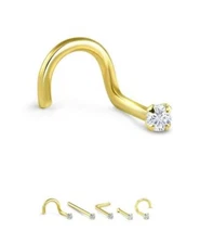 18K Yellow Gold Screw L Bend Nose Bone Stud Ring Genuine Diamond 22G 20G 18G