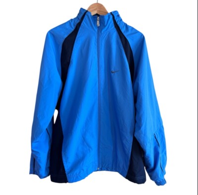 Nike Men's Med Full Zip Jacket Running Blue Windbreaker Hide Away Collar Hood