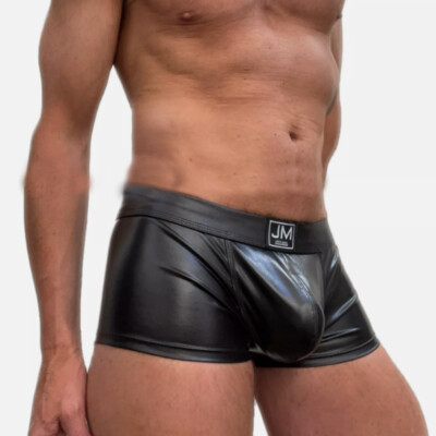 Men's Faux Leather Boxers Brief Buttocks Underwear Bulge Pouch Trunk Underpants