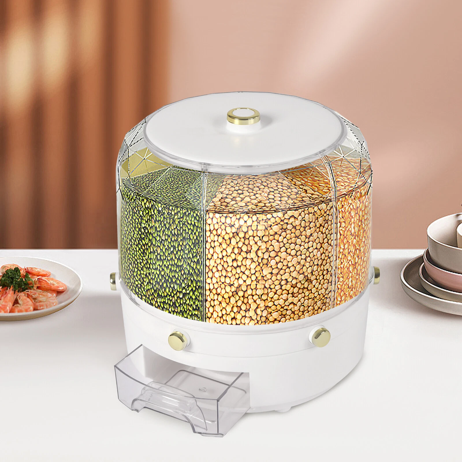 6 in 1 360?? Rotating Grain Cereal Dispenser Storage Box Kitchen Rice Container