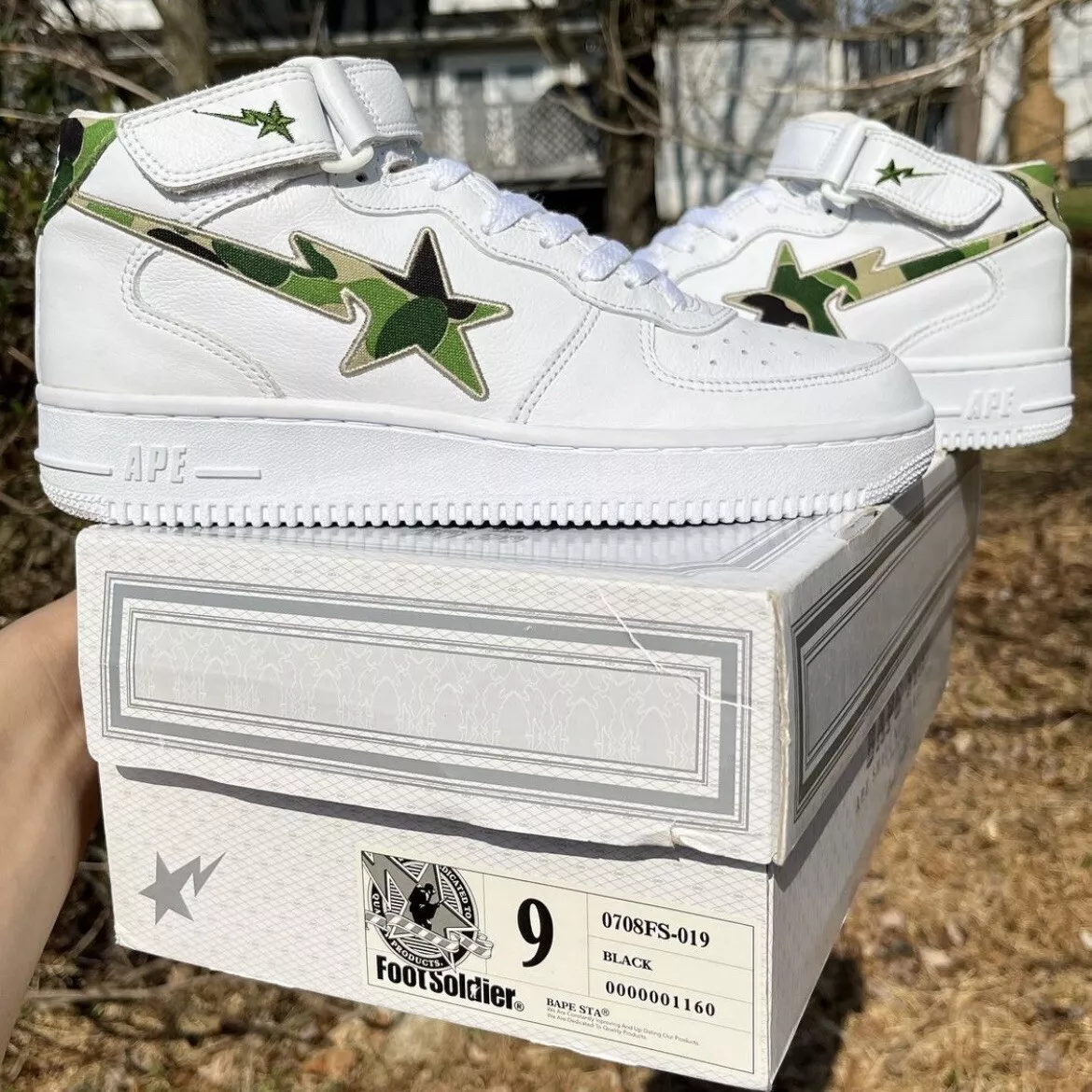 Rare 2002 A Bathing Ape Green Camo White Leather Mid Bapesta 9 Air