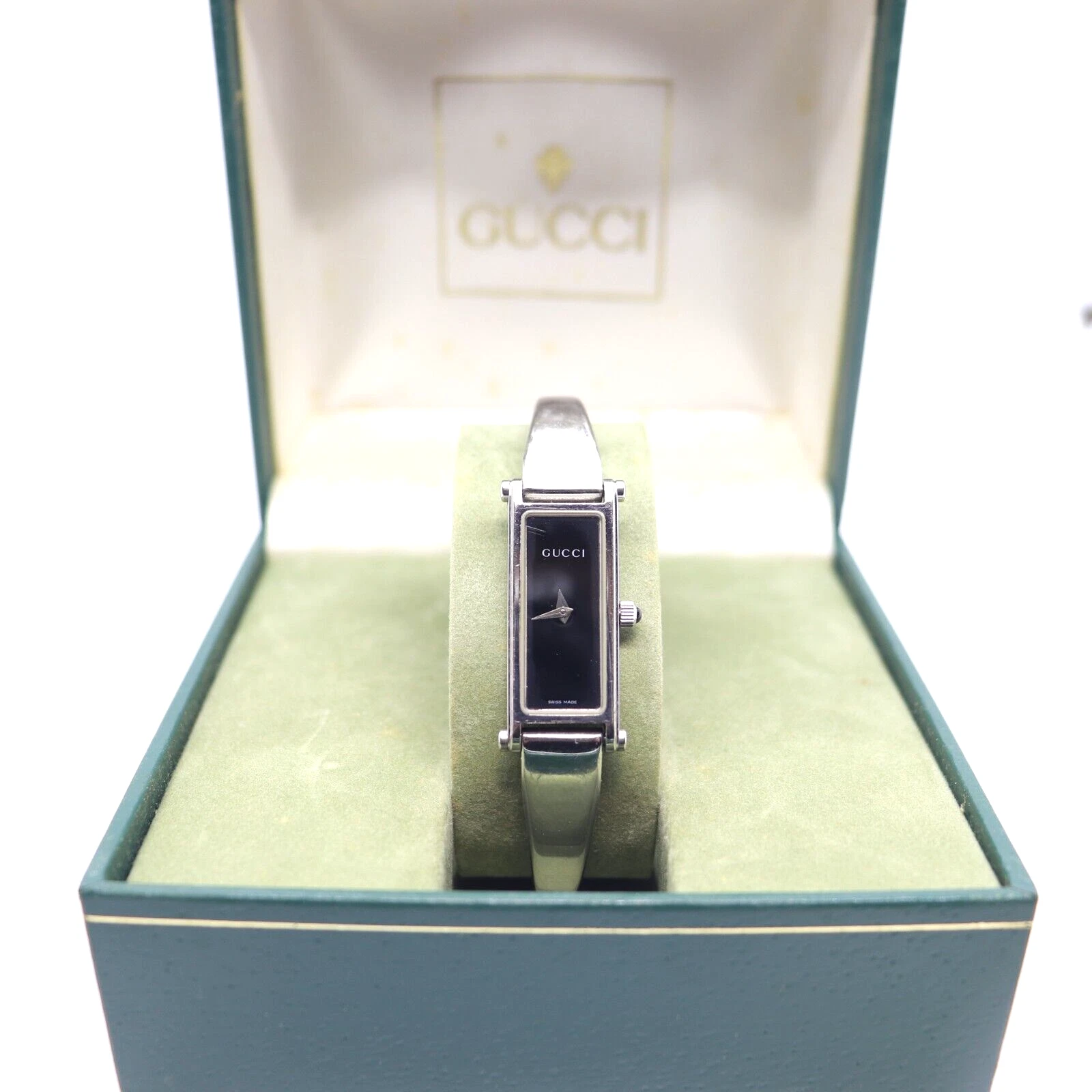 Montre Gucci 1500L Suisse Vintage Quartz Femme 12mm Noir Argent Rectangle Boîte