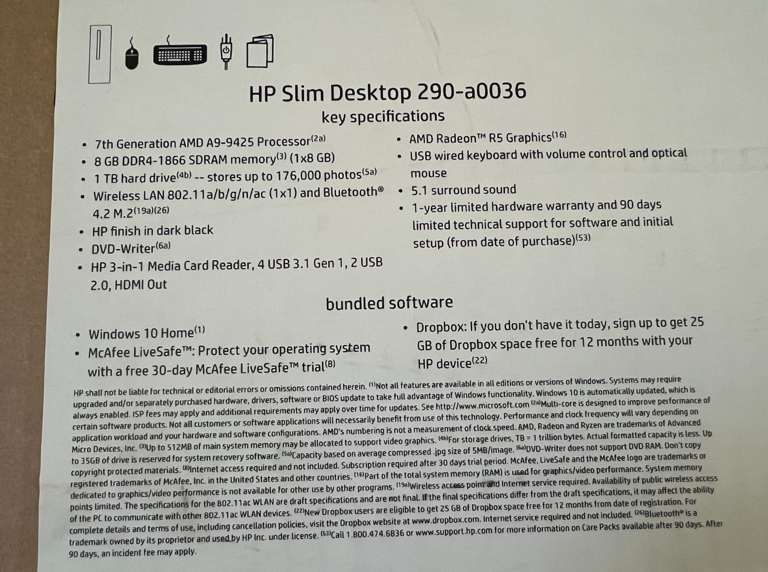 HP SLIM DESKTOP 290-a0026 7th Gen 8GB RAM 1 TB HDD Hard Drive NEW IN BOX SEALED