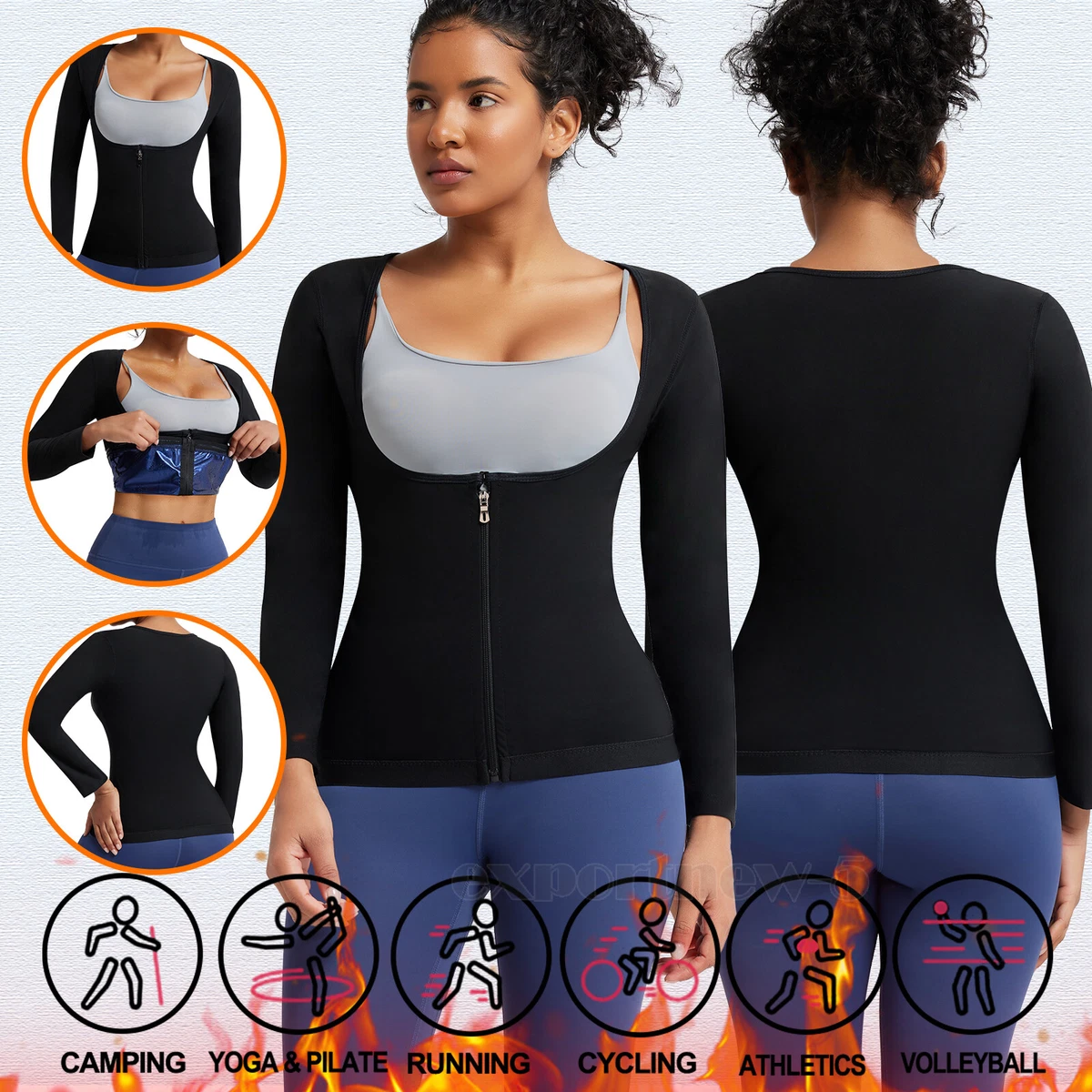 Sport Sweat Sauna Suit for Women Waist Trainer Long Sleeve Shirt Body  Shaper Top