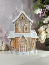 Christmas LED 15”Gingerbread Victorian House W/Beautiful Lace Swirls Frosted NEW