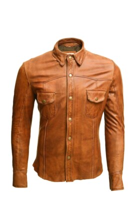 Men's Brown Pure Soft Biker Shirt, Men Leather Shirt, Gift Him Lambskin Real