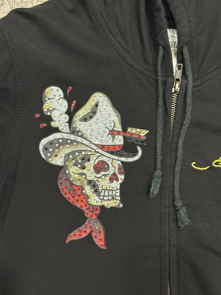 Ed Hardy Christian Audigier Womens Skull Zip Knit Hoodie Size L  Black - Image 3 of 4