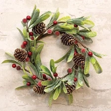 New Farmhouse Winter CHRISTMAS MISTLETOE CRANBERRY CANDLE RING Wreath 4"