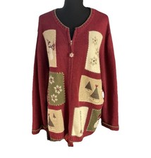 Croft Barrow 1X Christmas Full Zip Sweater Burgundy Cream Green Beige
