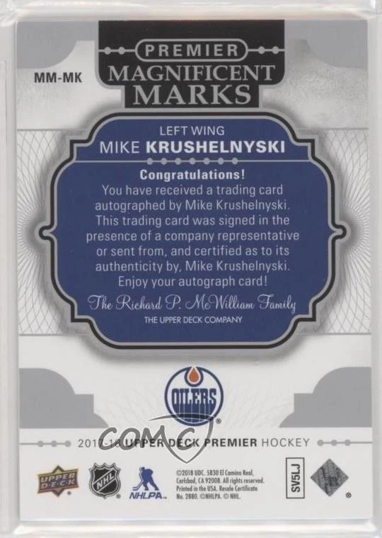 2017-18 Upper Deck Premier Magnificent Marks Mike Krushelnyski #MM-MK Auto - Image 2 of 2