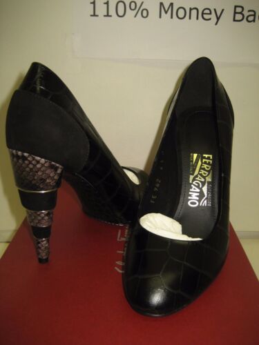 $825 NUEVOS Zapatos de salón Salvatore Ferragamo negro cuero cocodrilo tacón alto 6, 7,5,10 - Imagen 10 de 17