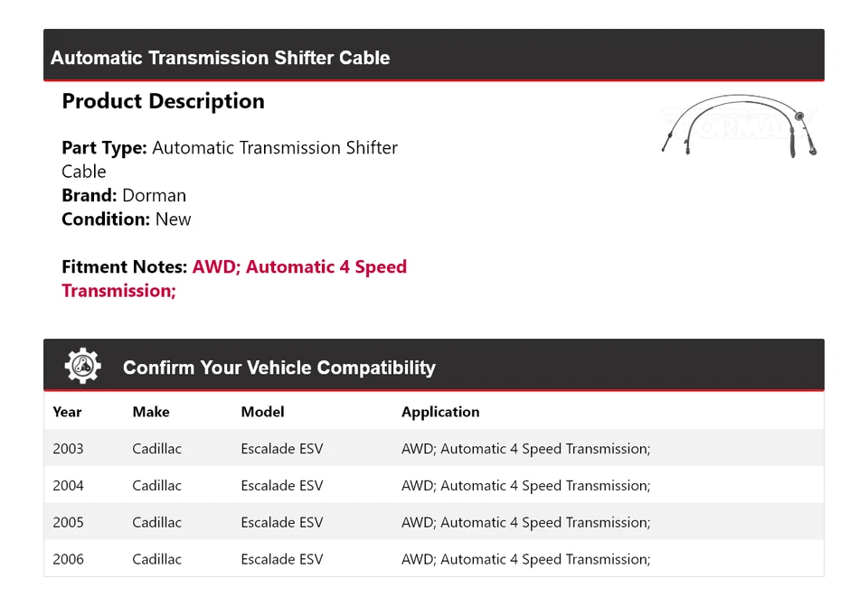 Cable de palanca de cambios para Cadillac Escalade ESV 2003-2006 AWD Dorman AT 2004 2005 Foto 2 de 4