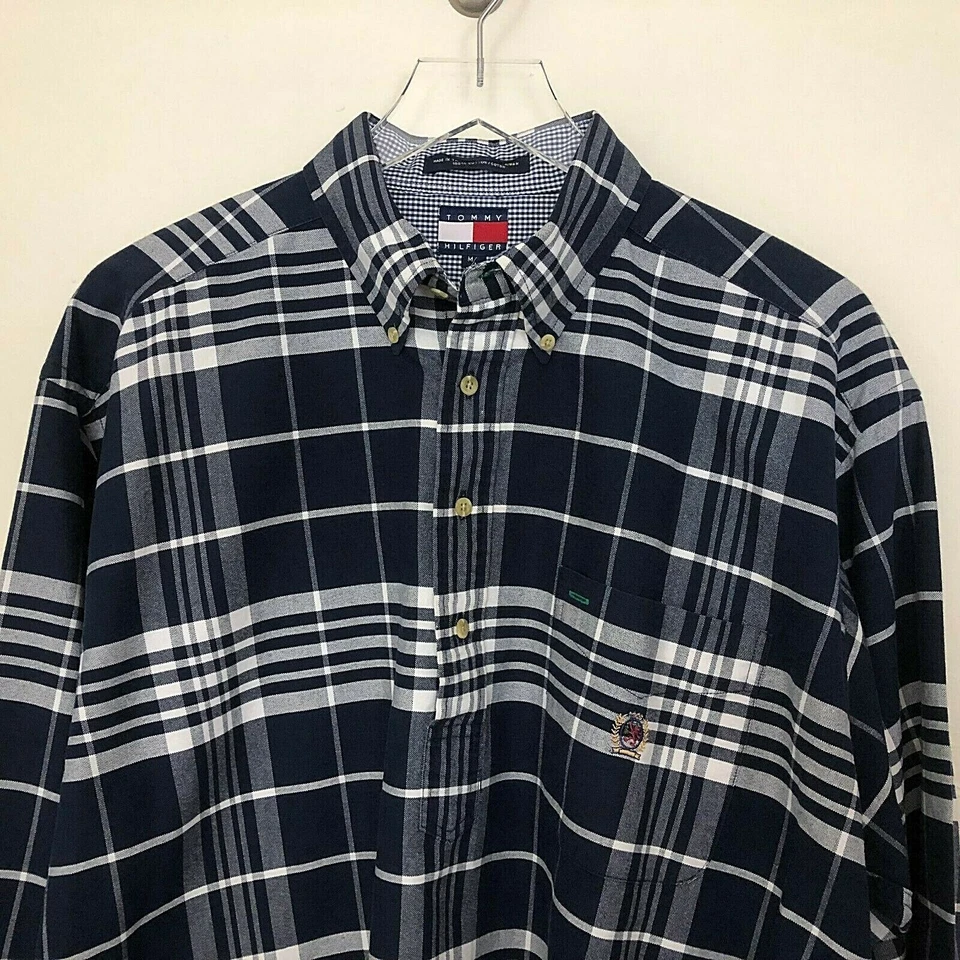 Tommy Hilfiger 中号纽扣套衫休闲衬衫 LS 格子海军蓝白色 — 第 3/4 张图片