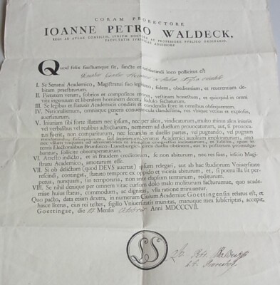 Universität GÖTTINGEN: Lat. Urkunde 1807, Immatrikulation v. HALEM, J.P. WALDECK