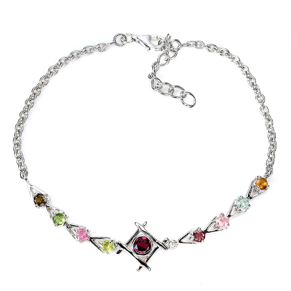 Pulsera de plata de ley 925 redonda granate turmalina piedras preciosas naturales joyería Foto 2 de 4