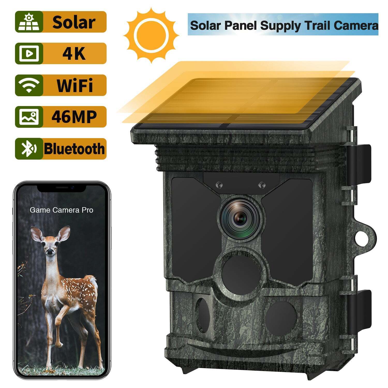 Solar 4K WiFi Bluetooth Hunting Camera 46MP Trail Cam Wildlife NightVision APP