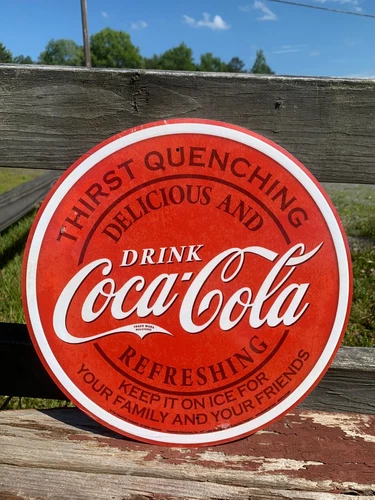 Vintage Coca Cola Sign Tin Metal Soda Pop Advertising Round Family Friends