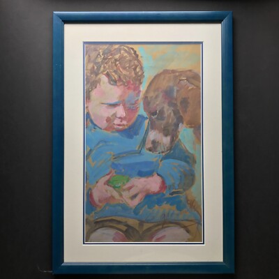 THE FROG child dog signed CAILLOTIN painting vintage antique μ