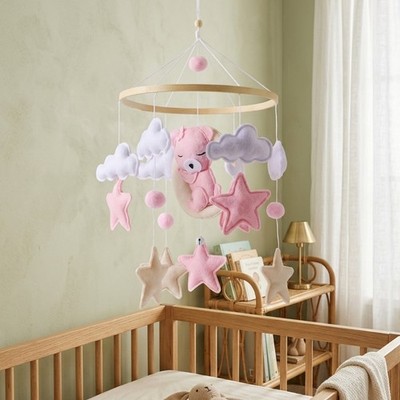 Pink Bear Baby Crib Mobile Felt Nursery Mobile Hanging Baby Shower Decor.