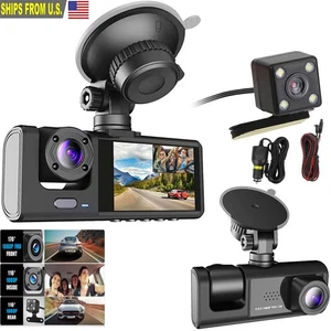 Car Dual Lens Dash Cam HD 1080P Front/Rear/Inside Video Recorder Camera G-sensor