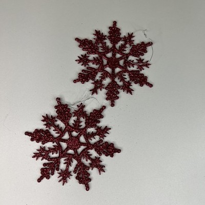 4  Christmas Ornament Snowflake Red Glitter Set Of Two